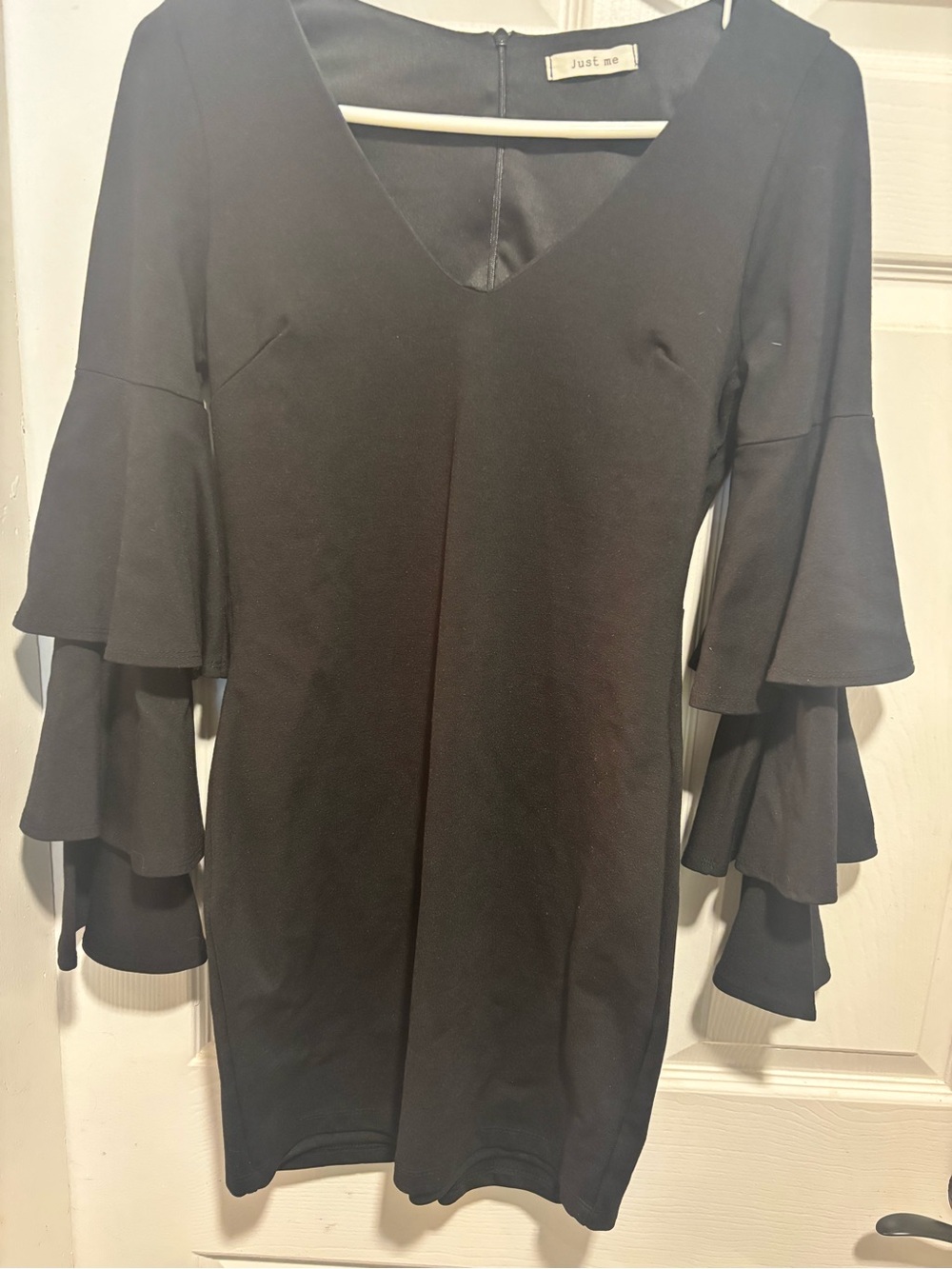 Just Me Black V-Neck Dress with Triple Tier Bell Sleeves